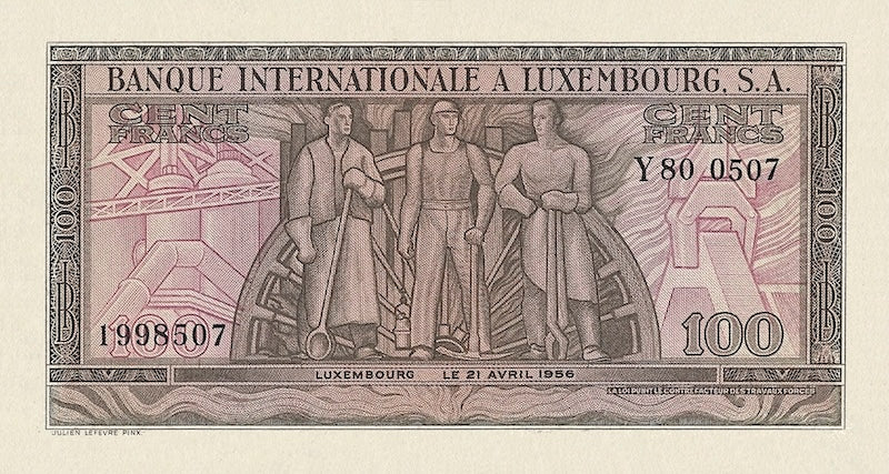 Luxembourg banknotes, Banque Internationale à Luxembourg, 100 Francs, 1956, Pick P-13, UNC