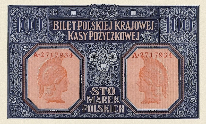 Poland banknote, Polska Krajowa Kasa Pożyczkowa, 100 Marek Polskich, 1916, Pick P-15, UNC