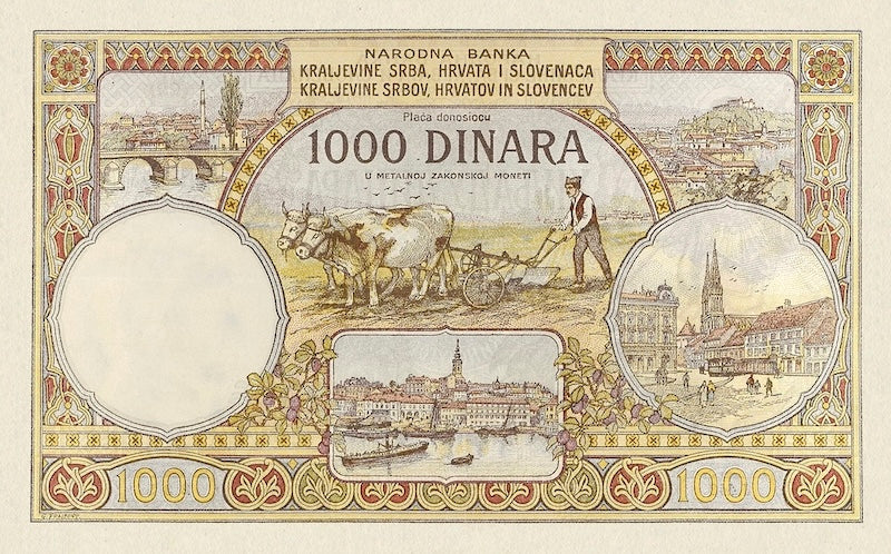 Kingdom of Serbs, Croats, and Slovenes banknote, Narodna Banka Kraljevine Srba, Hrvata i Slovenaca, 1000 Dinara, 1920, Pick P-24, UNC