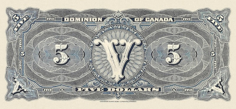 Dominion of Canada banknotes, $5 Dollars with seal, 1912, Pick P-31f, UNC