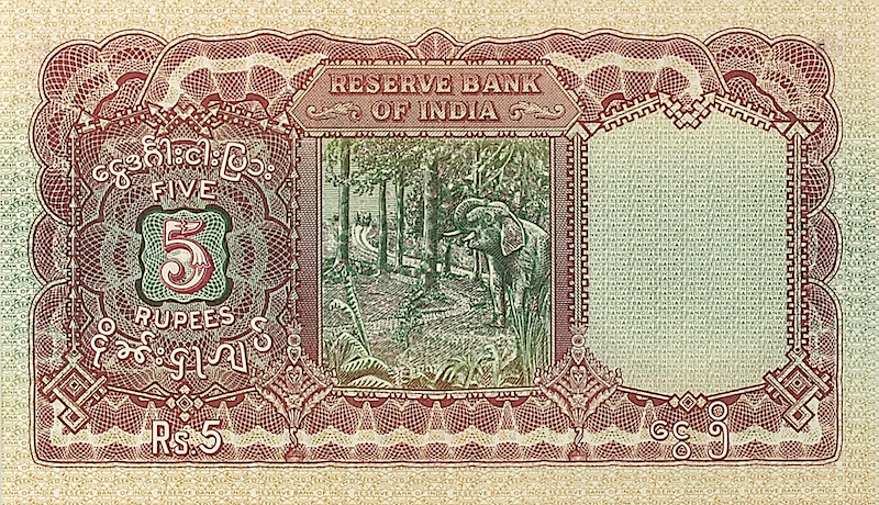 British Burma banknotes, KGVI, 5 Rupees, 1939, Pick P-4, UNC