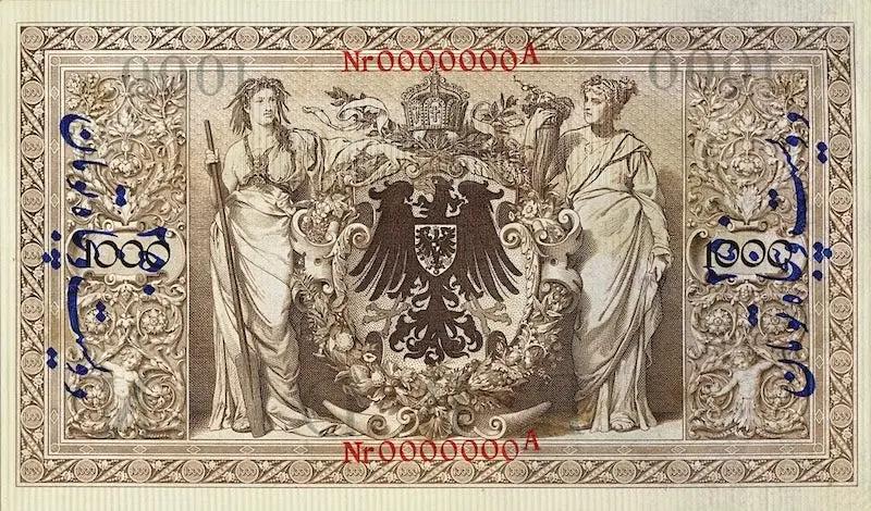 Iran banknote, German Occupation, 250 Tomans on 1000 Mark, 1916, Pick P-M5, UNC