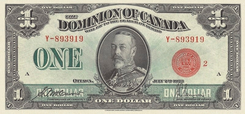 Dominion of Canada banknotes, $1 Dollar, 1923, Pick P-33, UNC