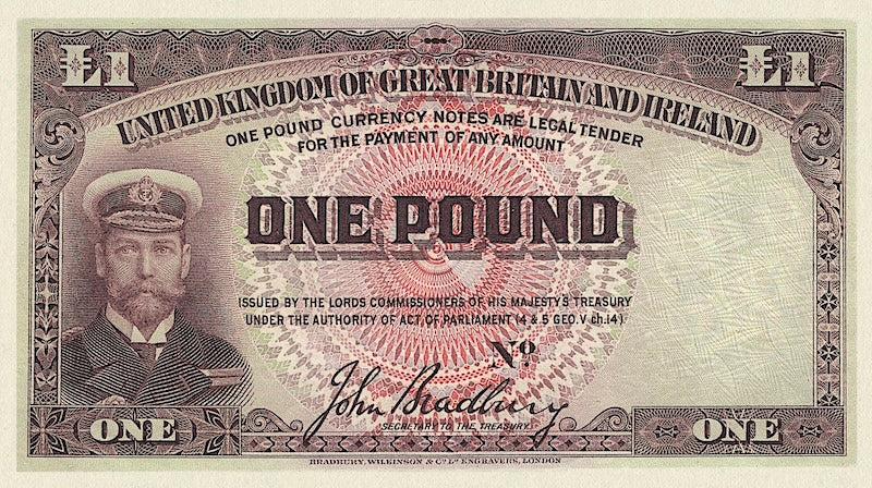 United Kingdom Great Britain & Ireland Treasury banknotes, King George V, £1 pound, Year 1914 - 1919, Pick P-NL, UNC
