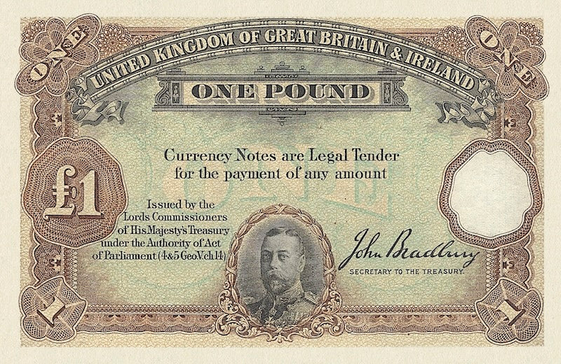 United Kingdom Great Britain & Ireland Treasury banknotes, King George V, £1 pound, Year 1914 - 1919, Pick P-NL, UNC
