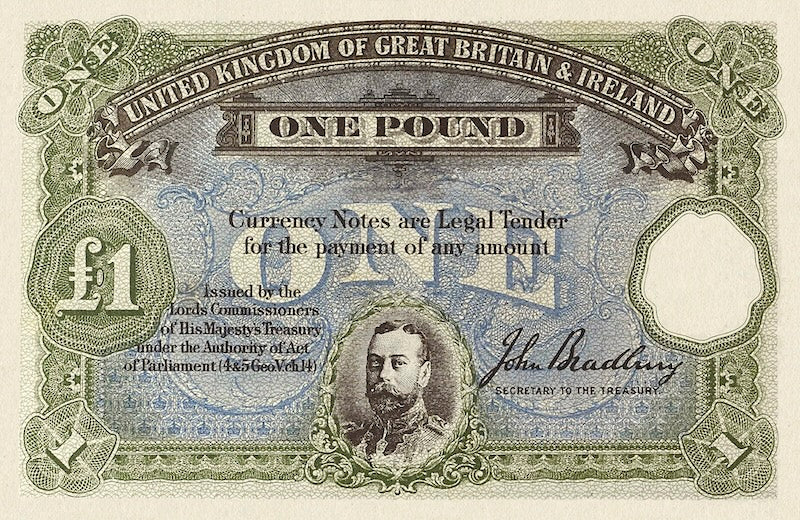 United Kingdom Great Britain & Ireland Treasury banknotes, King George V, £1 pound, Year 1914 - 1919, Pick P-NL, UNC