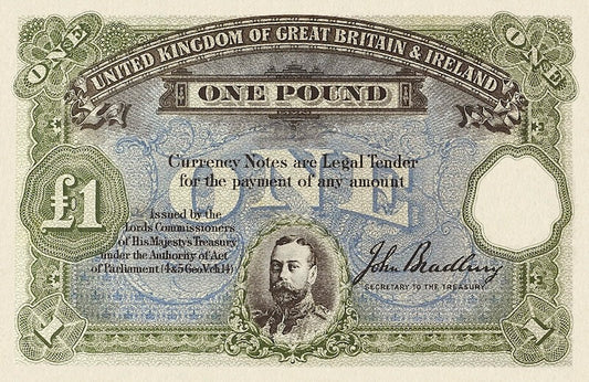 United Kingdom Great Britain & Ireland Treasury banknotes, King George V, £1 pound, Year 1914 - 1919, Pick P-NL, UNC