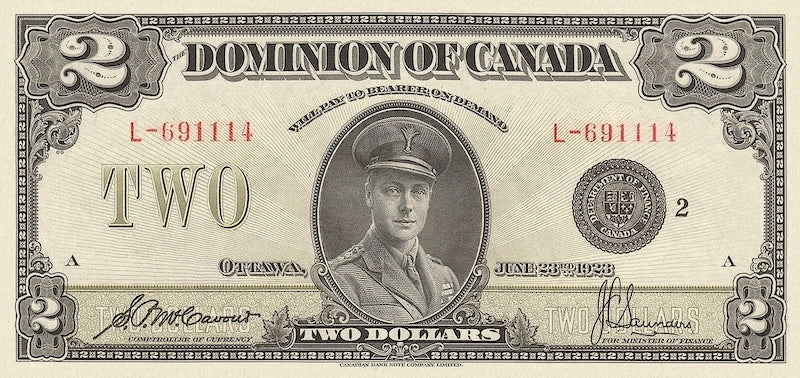 Dominion of Canada banknotes, $2 Dollars, 1923, Pick P-34, UNC