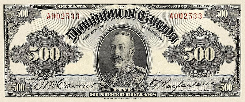 Dominion of Canada banknotes, $500 Dollars, 1923, Pick P-36, UNC