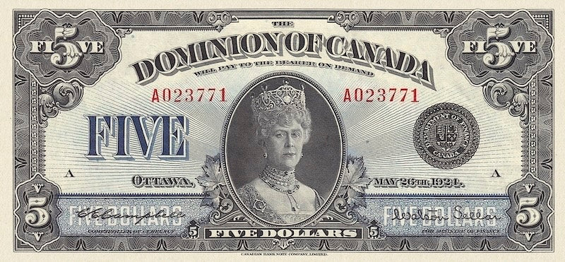 Dominion of Canada banknotes, $5 Dollars, 1923, Pick P-35, UNC