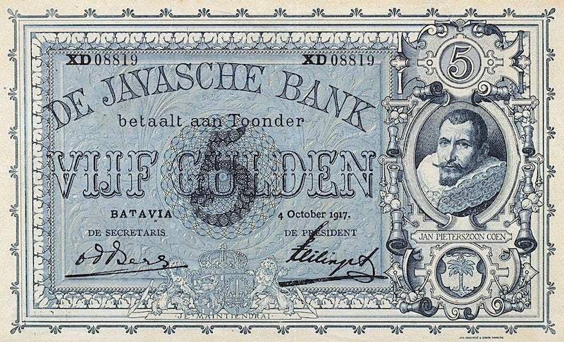 Netherlands Indies banknotes, Uang Kuno Belanda, 5 Gulden, Year 1917, Pick P-61, Jan Pieterszoon Coen, UNC
