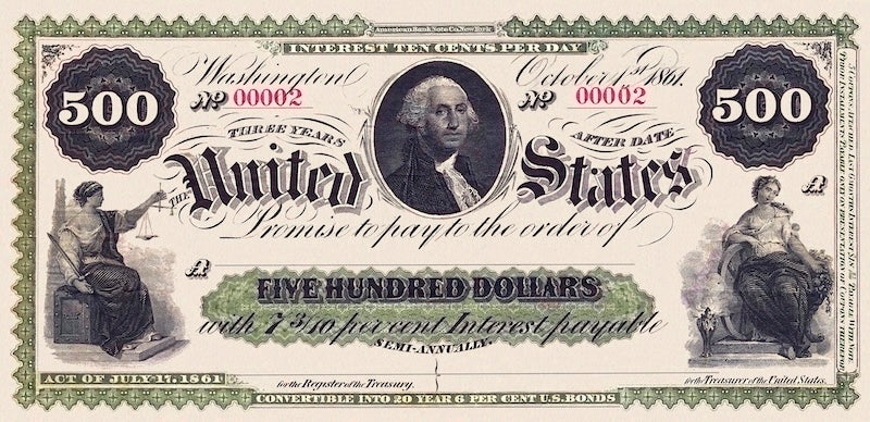 United States Treasury Interest Bearing Note, $500 Dollars, 1861, Friedberg Fr-209, UNC