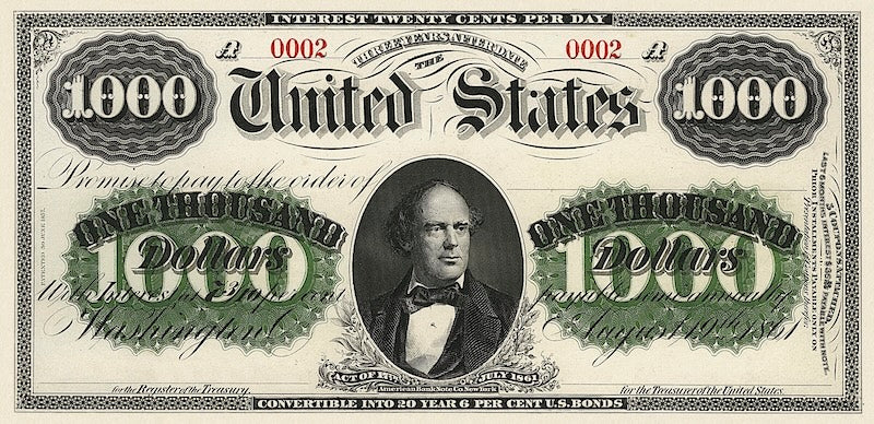 United States Treasury Interest Bearing Note, $1000 Dollars, 1861, Friedberg Fr-210, UNC