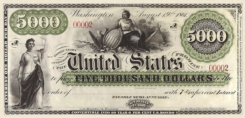 United States Treasury Interest Bearing Note, $5000 Dollars, 1861, Friedberg Fr-211, UNC