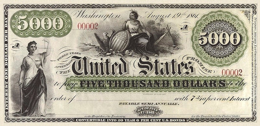 United States Treasury Interest Bearing Note, $5000 Dollars, 1861, Friedberg Fr-211, UNC