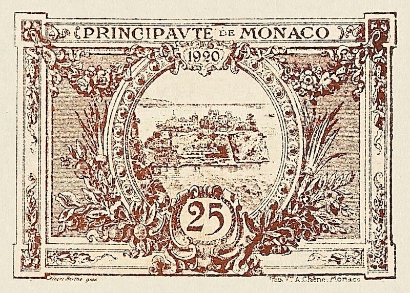 Monaco banknotes, Emergency Issue, 25 Centimes, 1920, Pick P-1, UNC