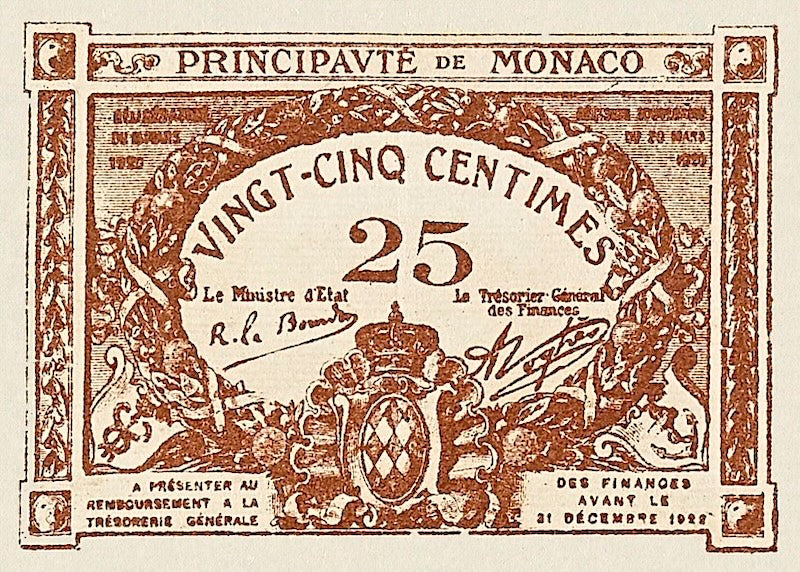 Monaco banknotes, Emergency Issue, 25 Centimes, 1920, Pick P-1, UNC