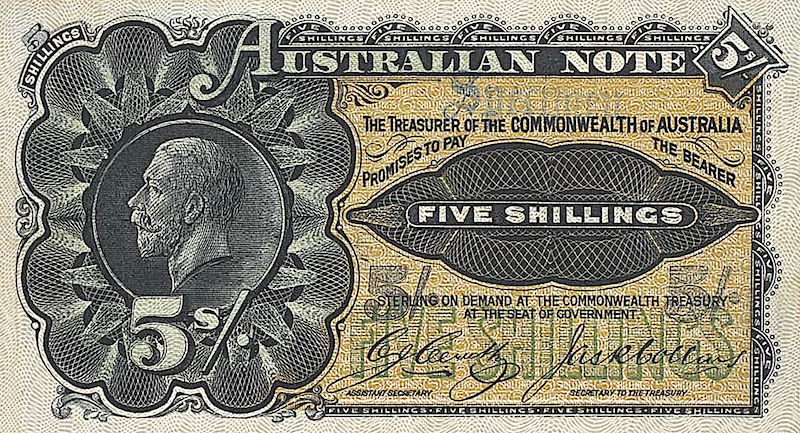 Australia banknotes, Commonwealth Treasury, 5 shillings, 1913, Pick P-1, UNC