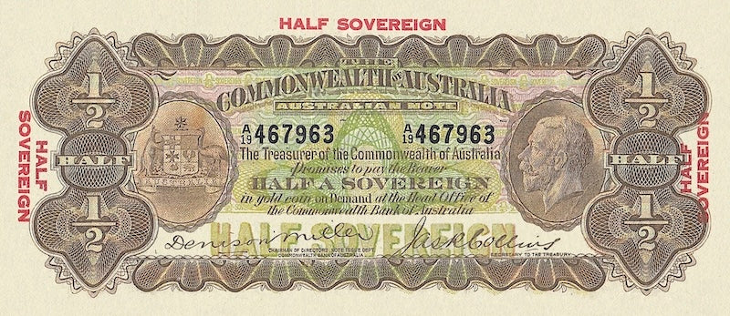 Australia banknotes, King George V, Commonwealth Bank, 1/2 sovereign, 1923, Pick P-10, UNC
