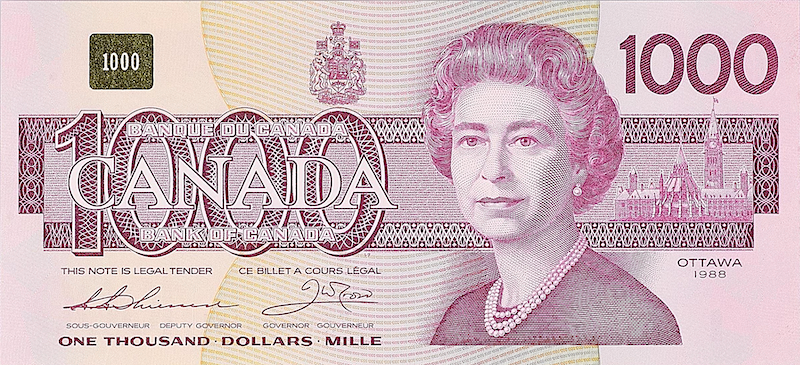 Canada banknote, Queen Elizabeth II, $1000 Dollars, 1988, Pick P-100, UNC