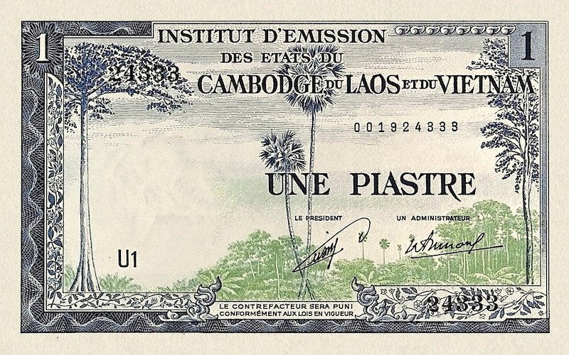 French Indo-China banknotes, Laos Issue, 1 Piastre, 1953, Pick P-100, UNC