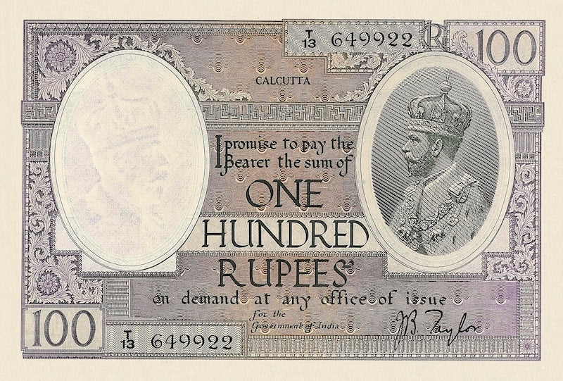 British India banknote, King George V, 100 Rupees, 1927, Pick P-10, UNC
