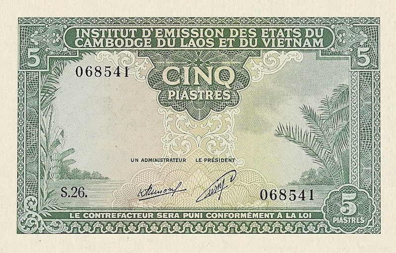 French Indo-China banknotes, Laos Issue, 5 Piastres, 1953, Pick P-101, UNC
