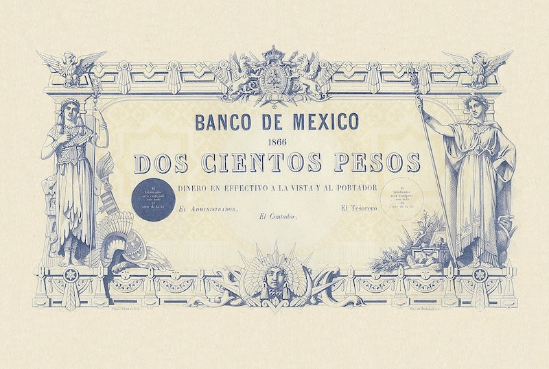 Mexico banknote, Empire of Maximilian, Banco de Mexico, 200 Pesos, Year 1866, Pick P-10, UNC