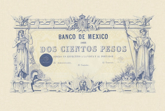Mexico banknote, Empire of Maximilian, Banco de Mexico, 200 Pesos, Year 1866, Pick P-10, UNC