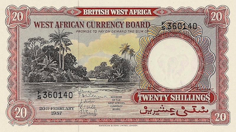 British West Africa banknotes, 20 Shillings, 1953, Pick P-10, UNC