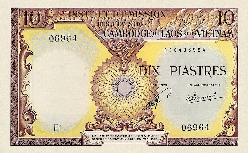 French Indo-China banknotes, Laos Issue, 10 Piastres, 1953, Pick P-102, UNC