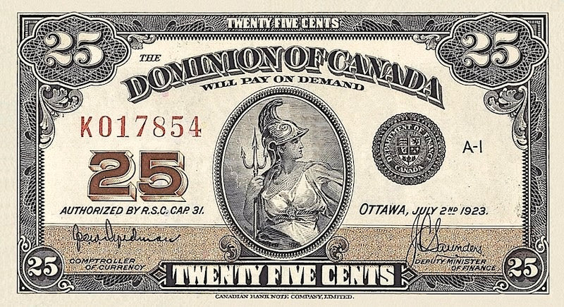 Dominion of Canada banknote, Shinplaster Issue, 25 Cents, 1923, Pick P-10, UNC