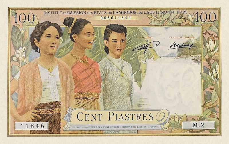 French Indo-China banknotes, Laos Issue, 100 Piastres, 1953, Pick P-103, UNC