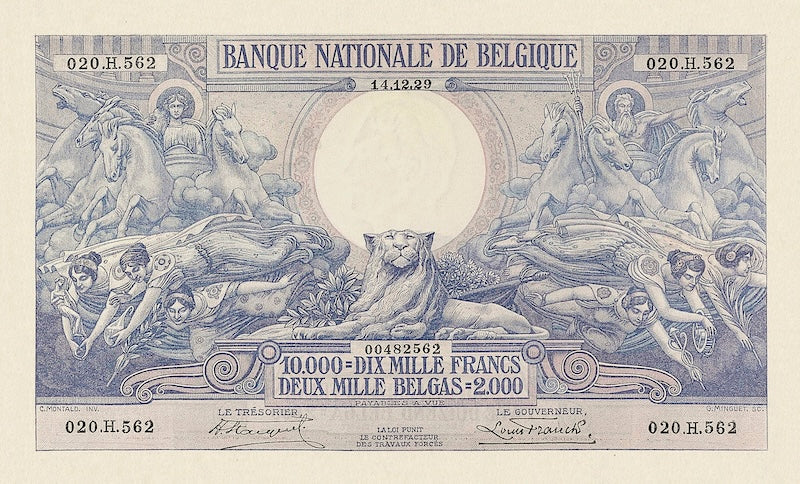 Belgium banknote, Banque Nationale de Belgique, 10000 Francs (2000 Belgas), 1929, Pick P-105, UNC