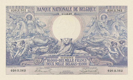 Belgium banknote, Banque Nationale de Belgique, 10000 Francs (2000 Belgas), 1929, Pick P-105, UNC