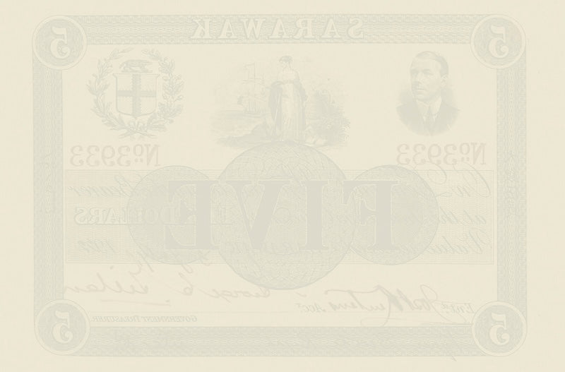 Sarawak banknotes, Rajah Brooke, 5 Dollars, 1918, Pick P-10, UNC