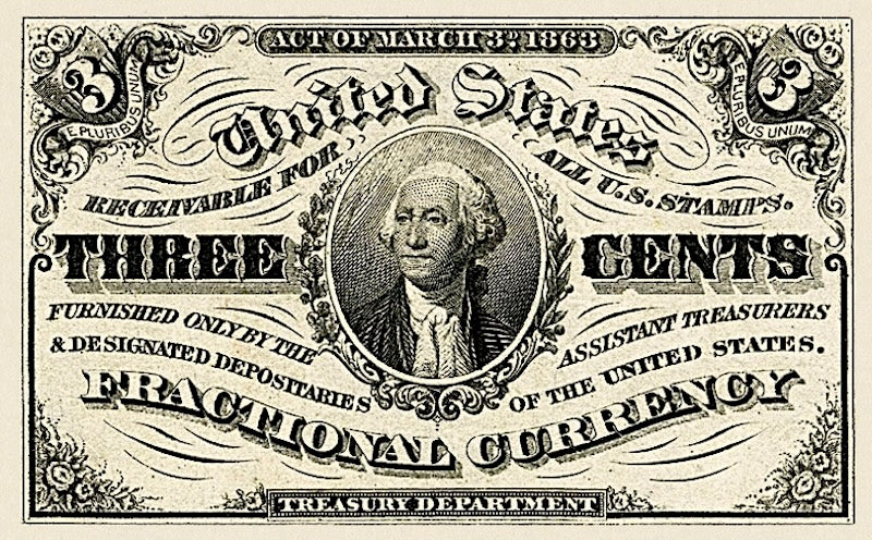 United States Fractional Currency Third Issue banknote, 3 Cents, 1863 (Third Issue), Pick P-105, UNC
