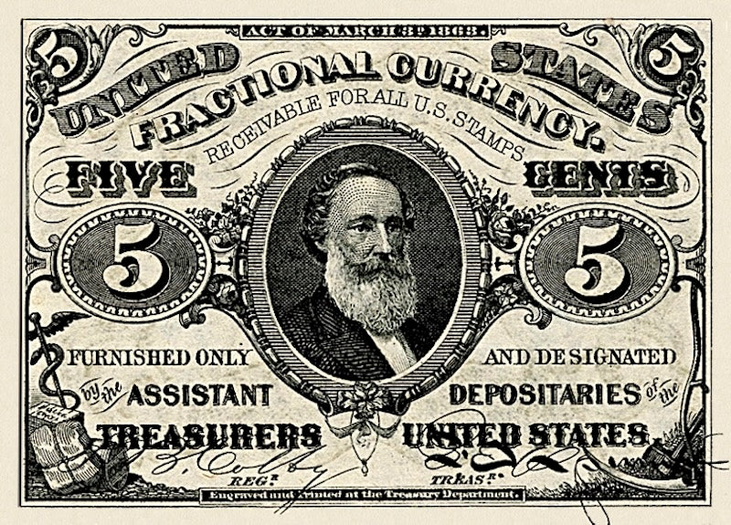 United States Fractional Currency Third Issue banknote, 5 Cents, 1863 (Third Issue), Pick P-107, UNC
