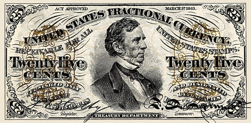 United States Fractional Currency Third Issue banknote, 25 Cents, 1863 (Third Issue), Pick P-109, UNC