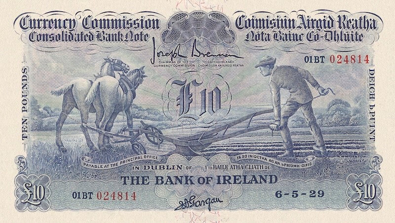 Ireland banknotes, Ploughman Issues, £10 Pounds, 1929, Pick P-10, UNC