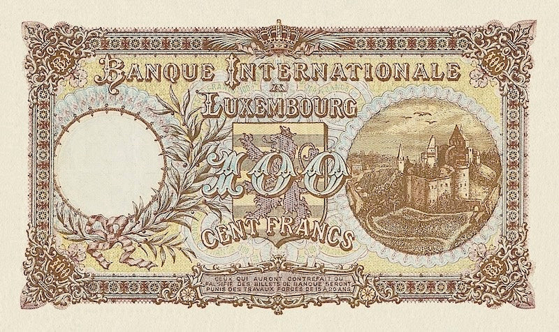 Luxembourg banknotes, Banque Internationale à Luxembourg, 100 Francs,  1936, Pick P-11, UNC
