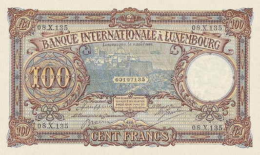 Luxembourg banknotes, Banque Internationale à Luxembourg, 100 Francs,  1936, Pick P-11, UNC