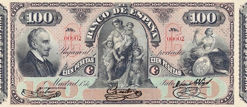 Spain banknotes, Banco de España, 100 Pesetas, 1876, Pick P-11, UNC