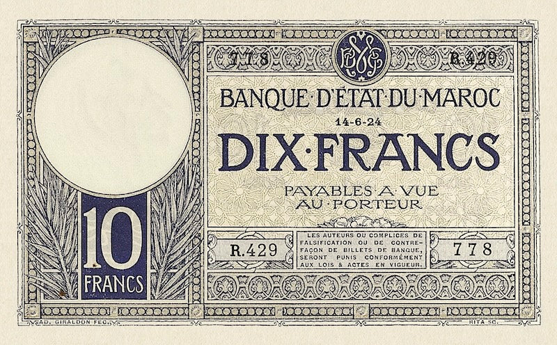 Morocco banknote, Banque d'Etat Du Maroc, 10 Francs, 1919, Pick P-11, UNC
