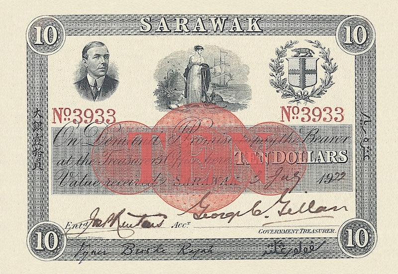 Sarawak banknotes, Rajah Brooke, 10 Dollars, 1918, Pick P-11, UNC