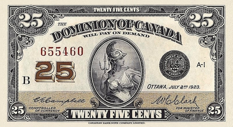 Dominion of Canada banknote, Shinplaster Issue, 25 Cents, 1923, Pick P-11, UNC