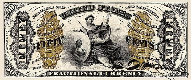 United States Fractional Currency Third Issue banknote, 50 Cents, 1863 (Third Issue), Pick P-113, UNC