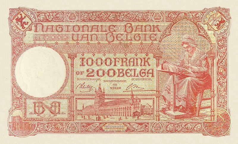 Belgium banknote, Banque Nationale de Belgique, 1000 Francs (200 Belgas), 1944, Pick P-115, UNC