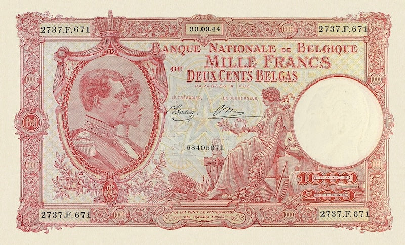 Belgium banknote, Banque Nationale de Belgique, 1000 Francs (200 Belgas), 1944, Pick P-115, UNC