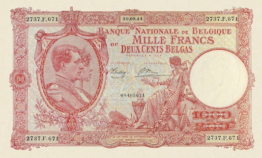 Belgium banknote, Banque Nationale de Belgique, 1000 Francs (200 Belgas), 1944, Pick P-115, UNC